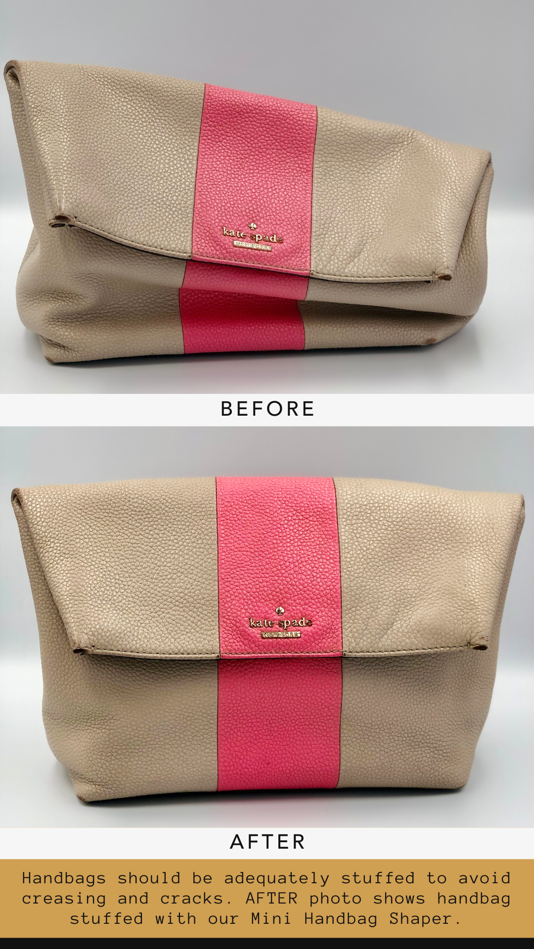 One slouched beige and pink handbag displayed next to a well stuffed beige and pink handbag as a comparison to show how well a handbag shaper stuffs a handbag and prevents damage.