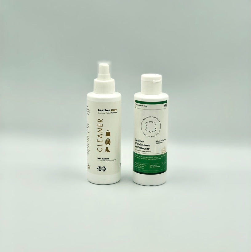 Two bottles of leather care products on a grey background