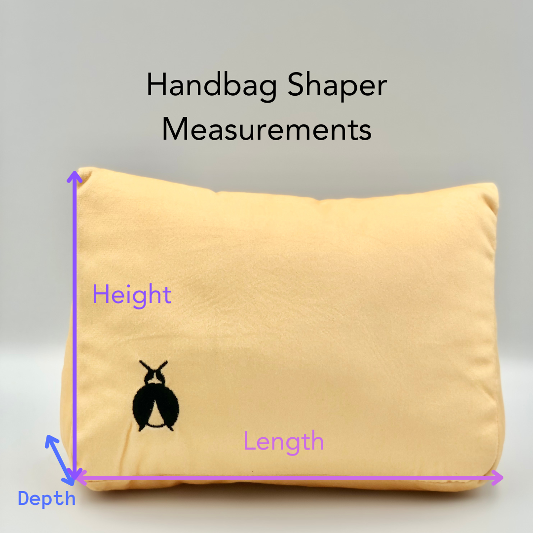 Handbag shaper with measurements labeled on a gray background