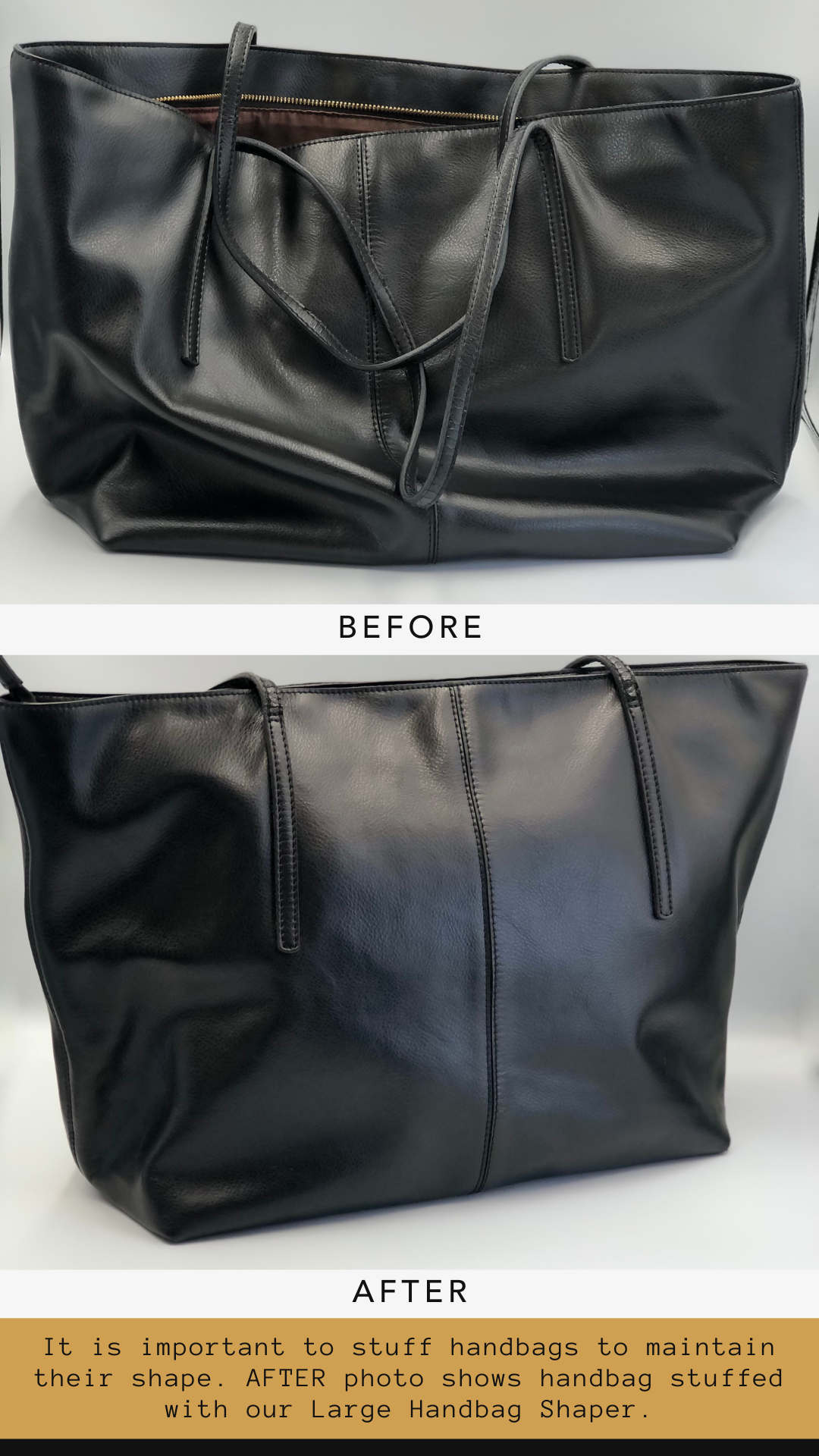 One slouched black tote handbag displayed next to a well stuffed black tote handbag as a comparison to show how well a handbag shaper stuffs a handbag and prevents damage.