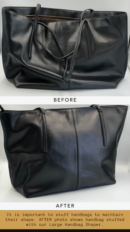 One slouched black tote handbag displayed next to a well stuffed black tote handbag as a comparison to show how well a handbag shaper stuffs a handbag and prevents damage.