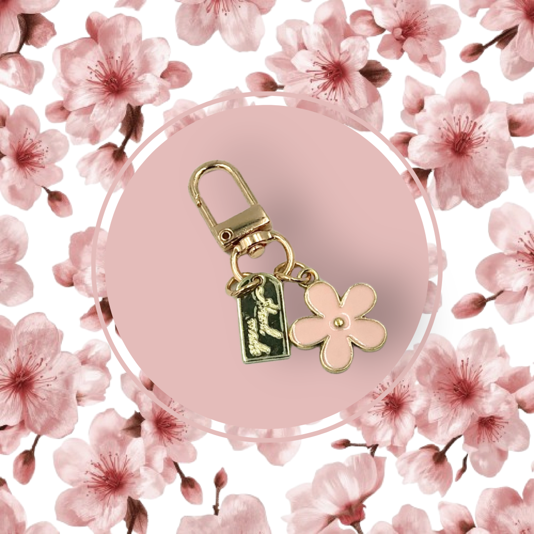 Pink Blossom handbag charm with pink blossom branches and white background