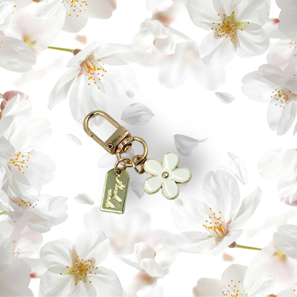 White Blossom handbag charm with white blossom branches and white background